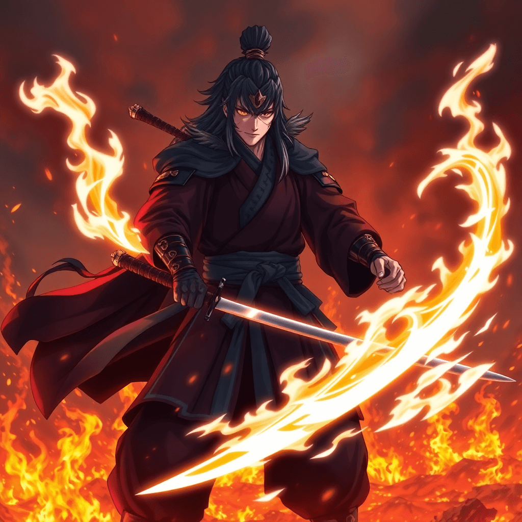 AI generated: Generate an in of an anime samurai, his sword glowing and is surrounded with black flames. He has a ...