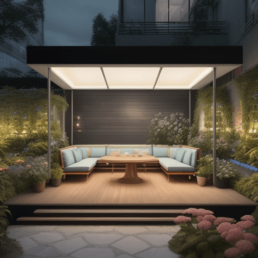 AI generated: high resolution photography landscape design, absolutely open space snack-bar and blended with the g...