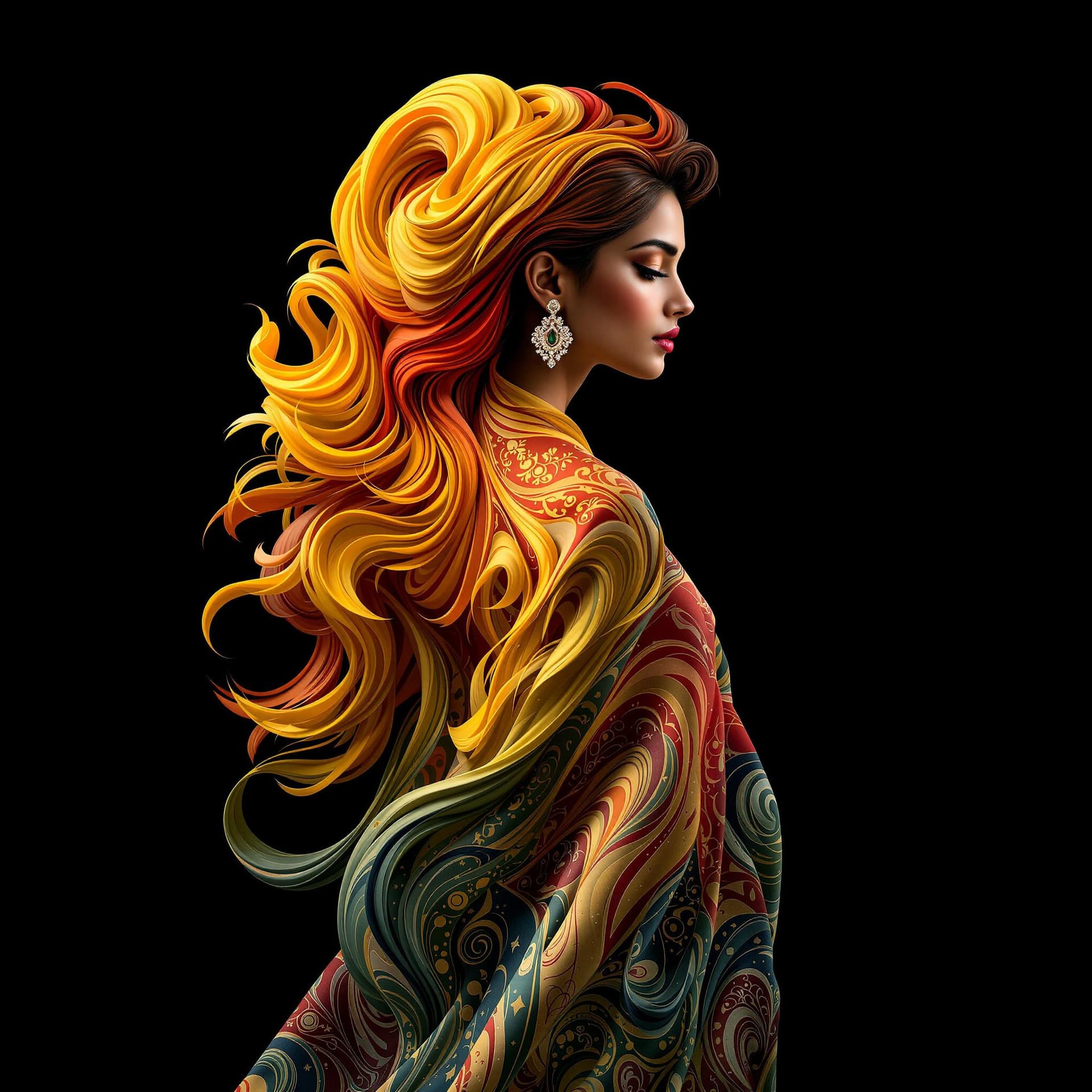 AI generated: Full body of an Indian woman, standing, turn around towards the camera, with a flowing, sculptural h...