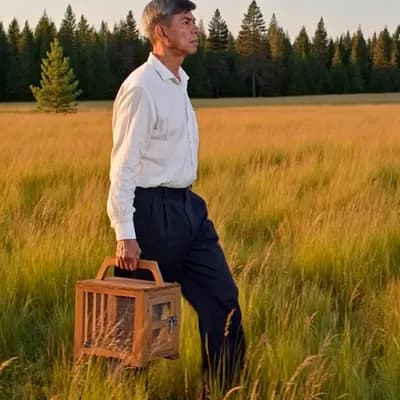 AI generated video: An elderly man, Rajan, walks alone into a vast open meadow at the edge of a pine forest. He carries ...