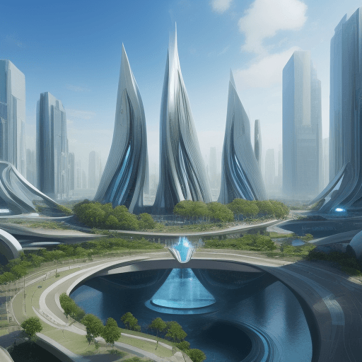 AI generated: create futuristic city
 with fountains and trees big futuristic architecture
