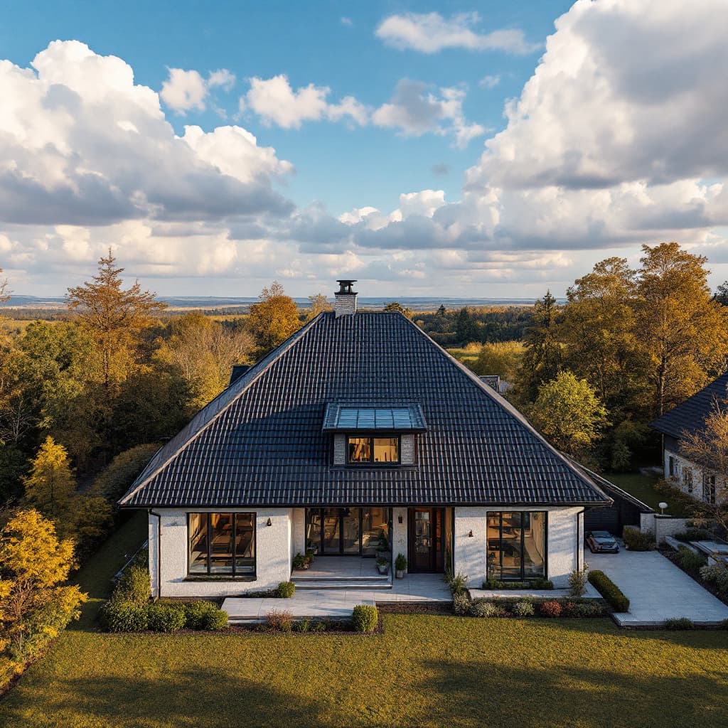 AI generated:  ultra realistic photograph of high-end Residential house with a new roof. nature background , blue ...
