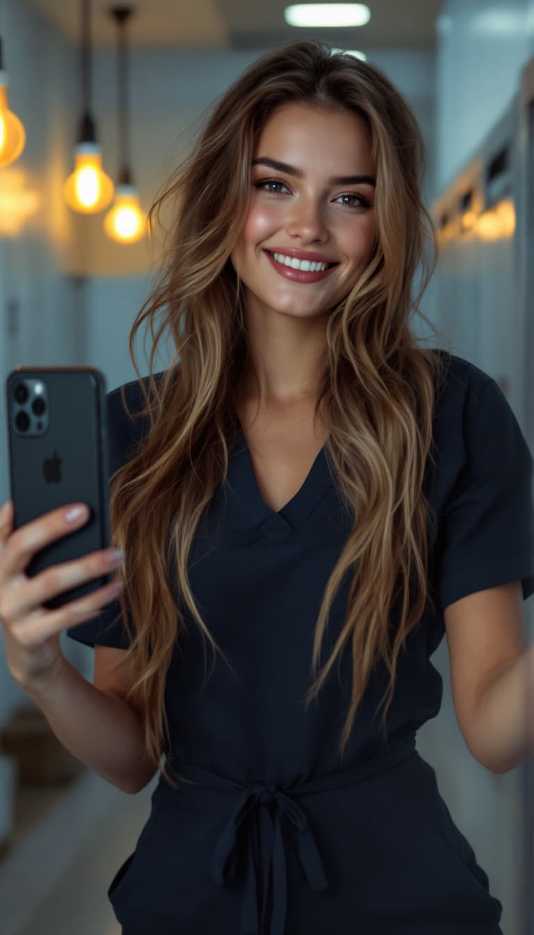 AI generated: A photorealistic selfie-style image of a stunning 21-year-old woman with glowing skin, long tousled ...