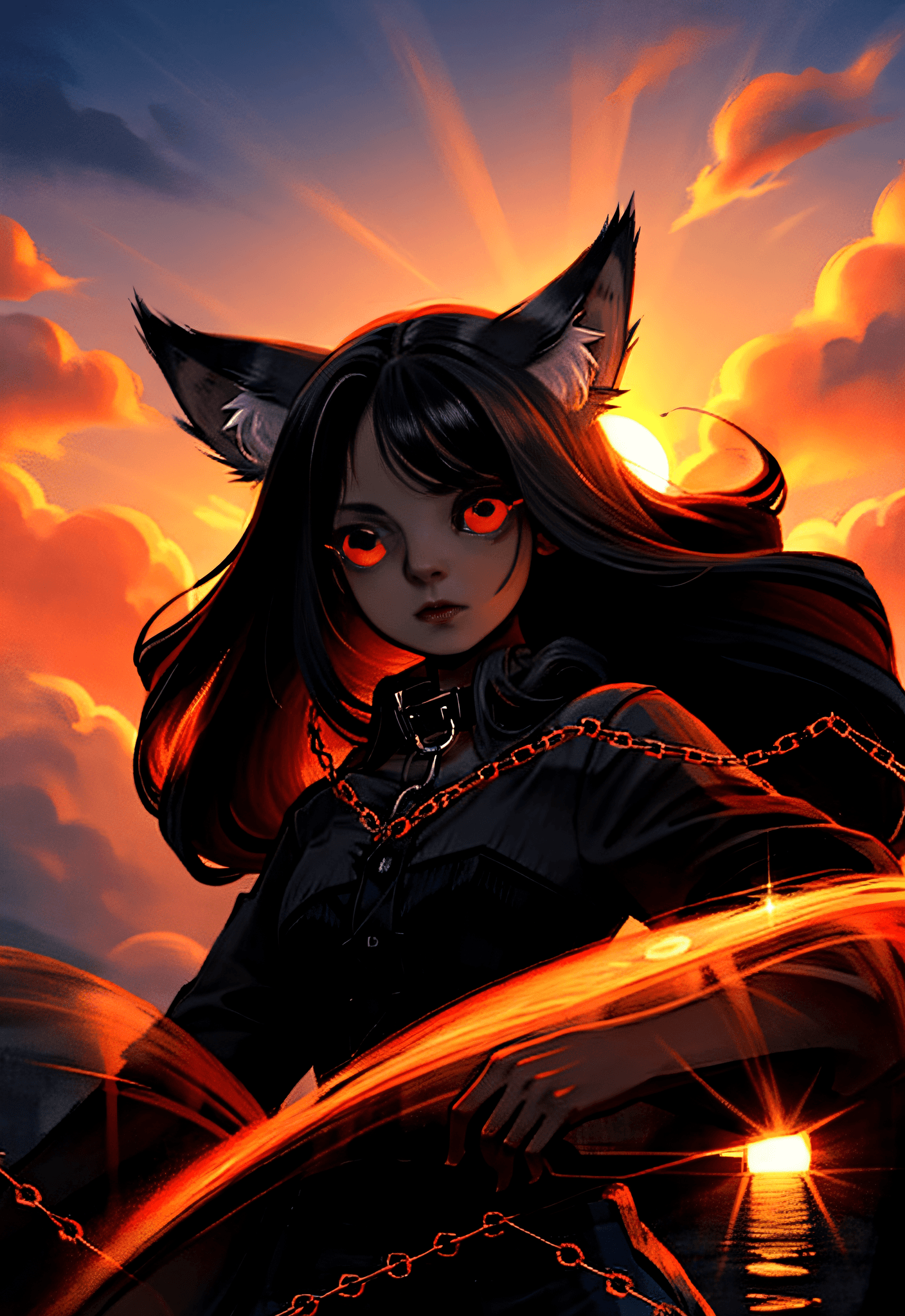 AI generated: masterpiece, best quality, 1girl, black long hair, chains, red eyes, wolf ears, black mantle, fluffy...