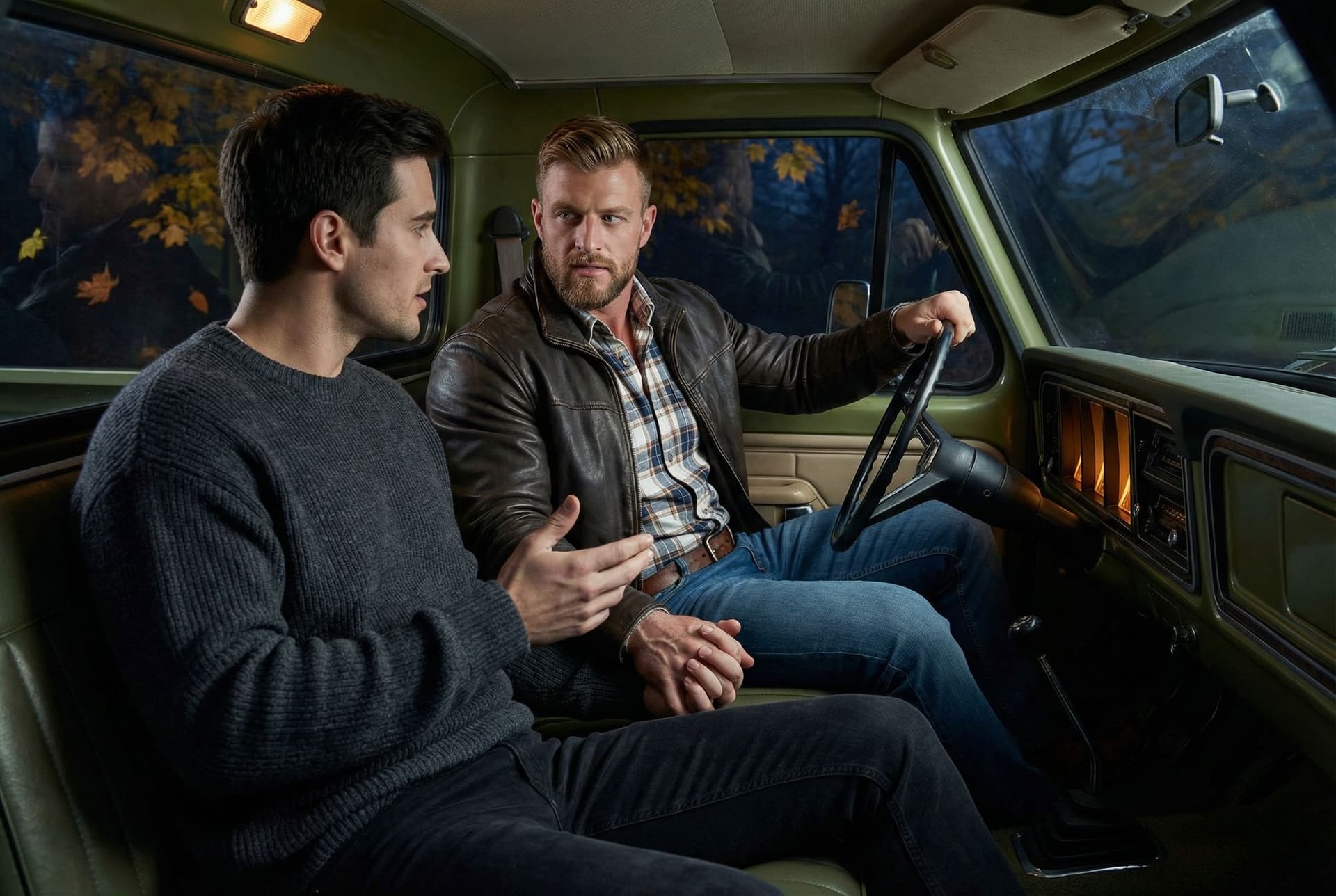 AI generated: In an Autumn night, the model is driving a Ford olive green pick up truck. 

He is driving the pick ...