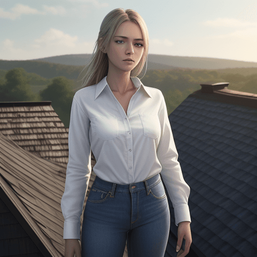AI generated: white shirt, jeans,  country girl, standing on roof (detailed skin 1,0) 