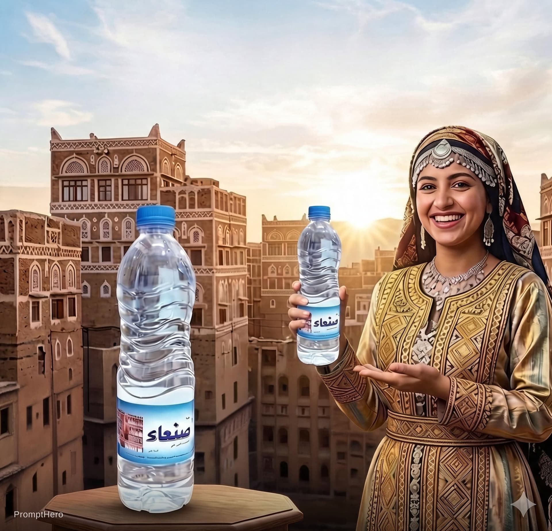 Hero prompt:  صورة بشخصية شابه يمنية بالزي اليمني تحمل عليه ماء...