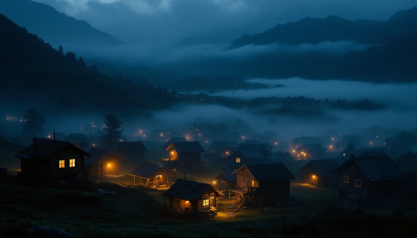 AI generated: Prompt: Final wide shot of the Gilani village with wooden houses at peace, lights dimming, mist sett...
