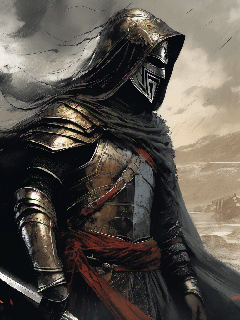 AI generated: a digital portrait of an achaemenid era warrior in armor, masked face, cloak, epic composition, prou...