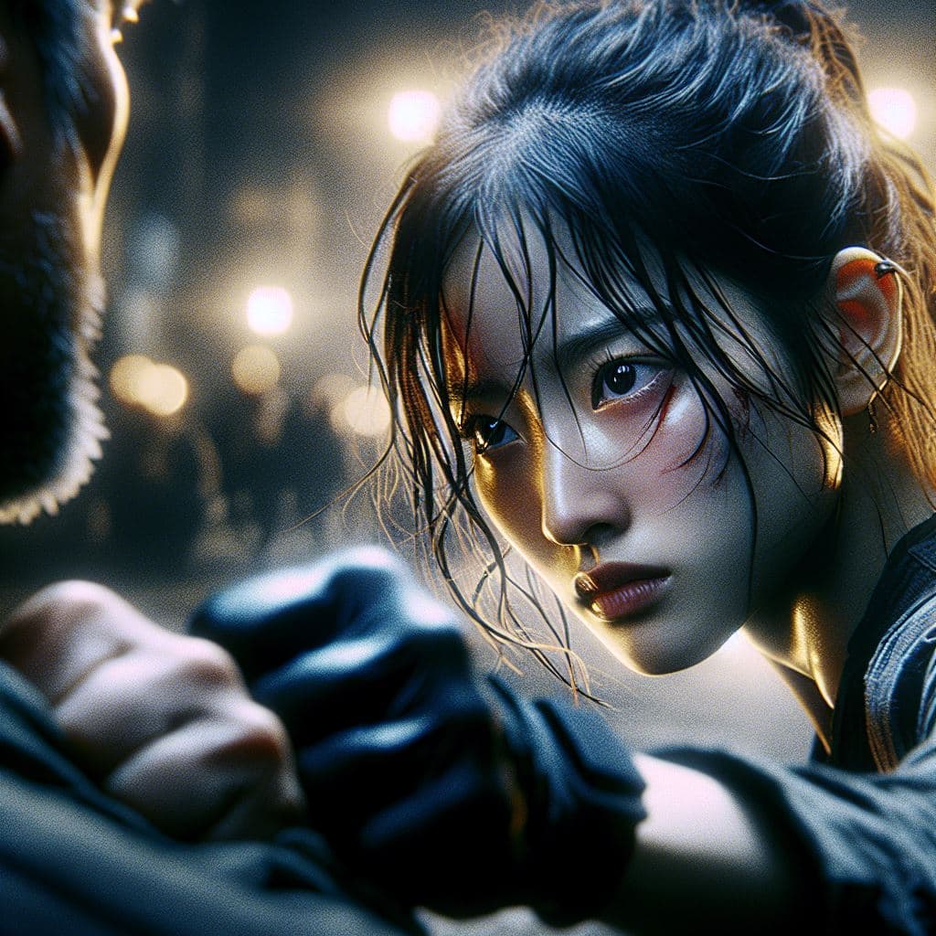 AI generated: Hyper Realistic of movie stills, a girl defeat attacker, detailed face, grain film, 8k