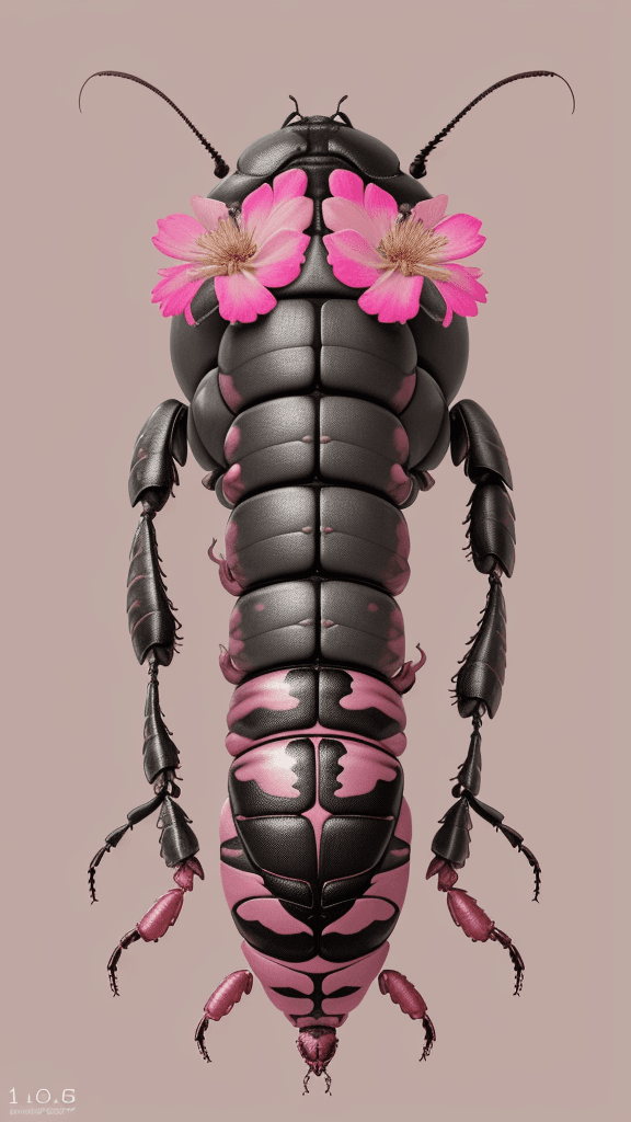 AI generated: floral beetle wearing a (long:1.2) pink (scarf:1.3), a beetle with arms and a head, (dark shot:1.17)...
