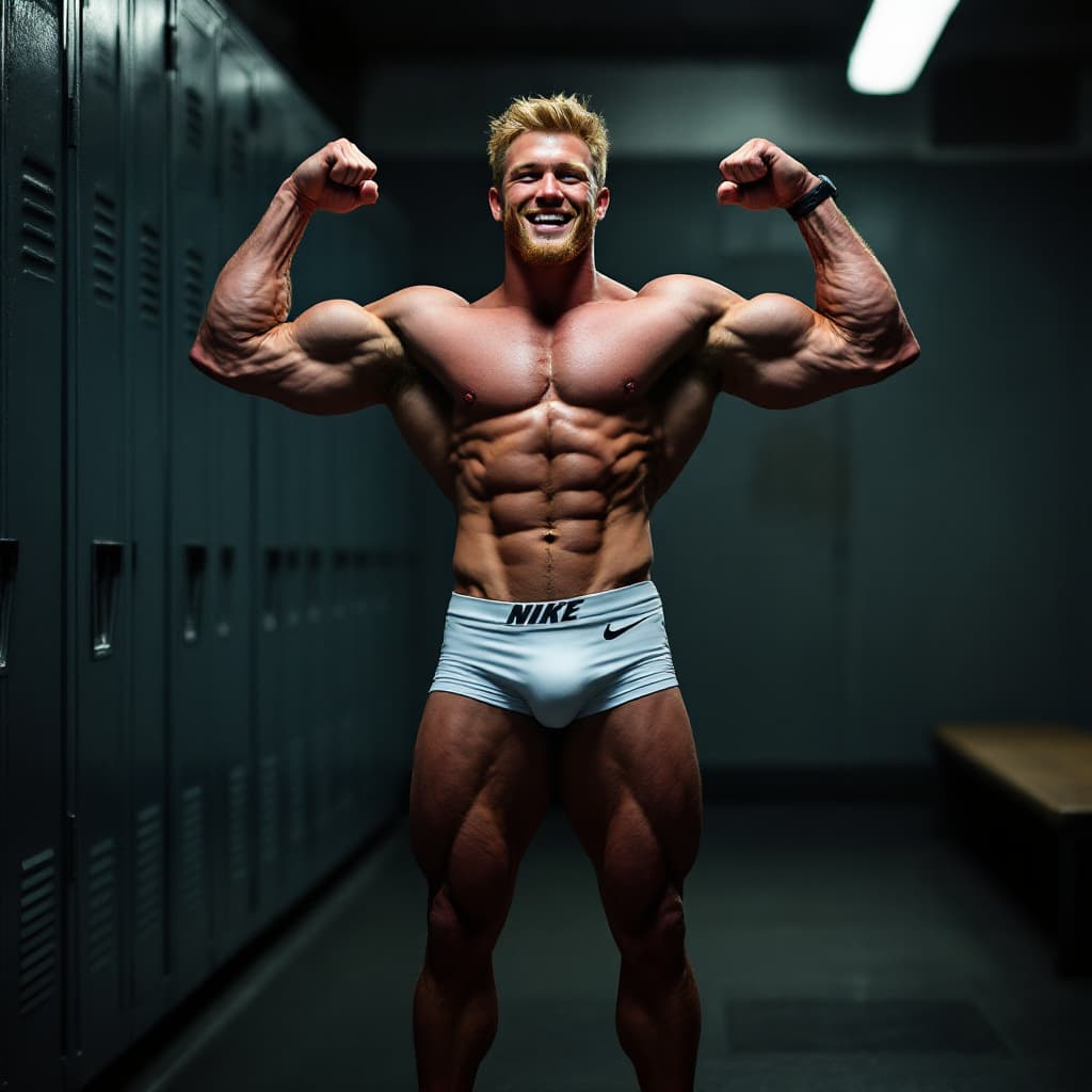 AI generated: Full body image, Logan paul smiling and flexing arms, standing in locker room in white jock strap un...
