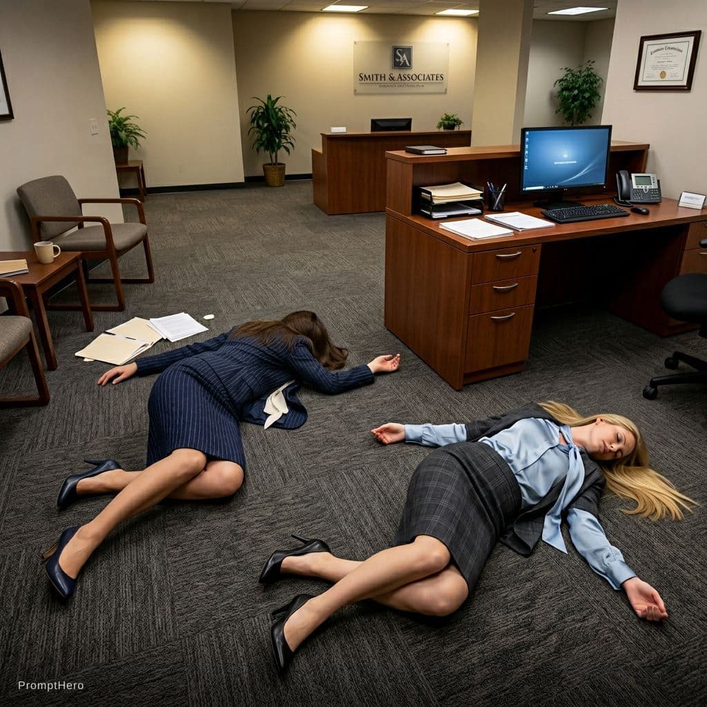 AI generated: A brunette hair attorney faints on her front unconscious on her office floor of the reception area. ...