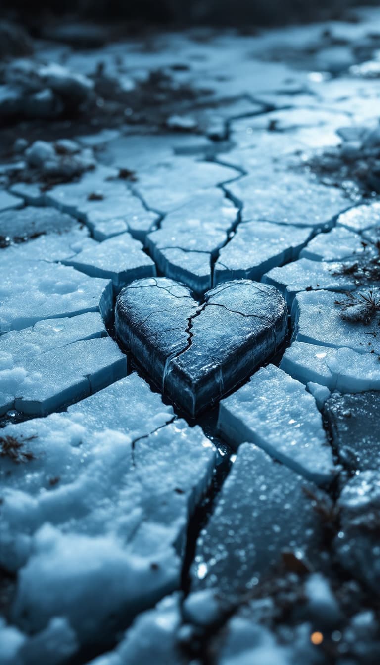 AI generated: Shattered heart on icy ground 
Broken mirror in dark alley 
Lonely figure in fading light 
Frozen te...