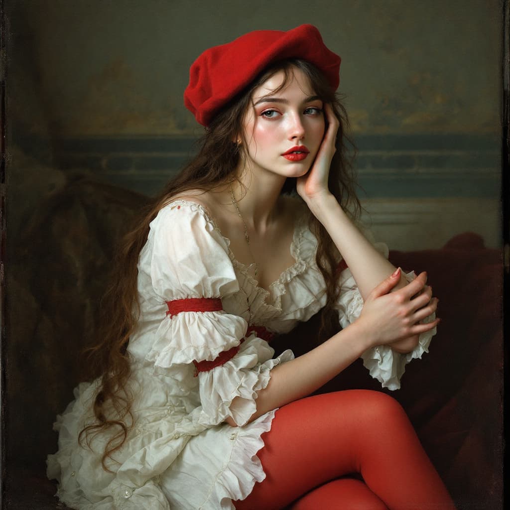 AI generated: LADY WITH COMMUNION DRESS AND RED TIGHTS RED BERET
