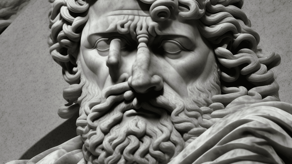 AI generated: In dark hues, a half-length marble sculpture of Marcus Aurelius, his face calm and introspective, st...