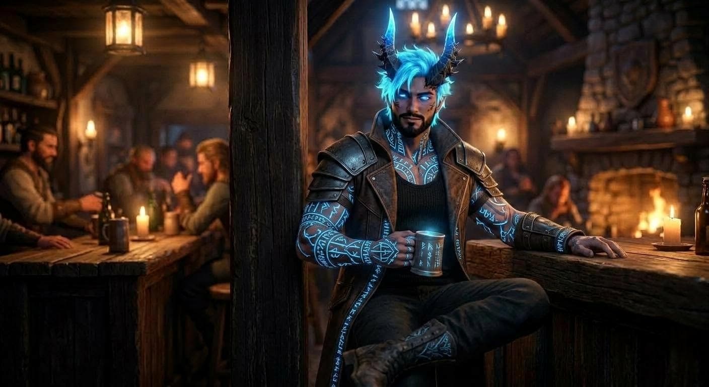 AI generated: While keeping his relaxed vibe give him clothes that look more badass with glowing blue rune looking...
