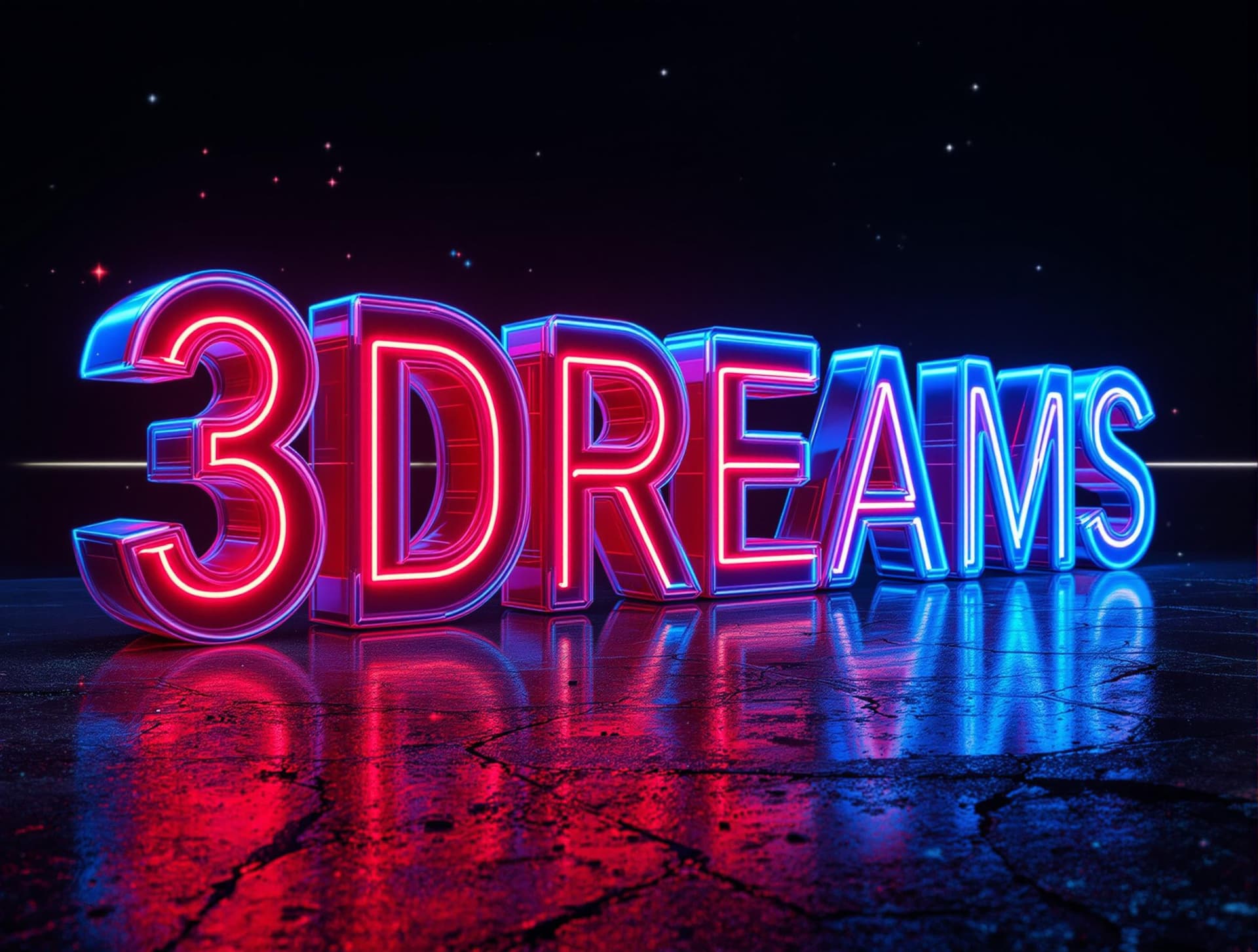 AI generated: A 3D digital art rendering of the word '3DREAMS Animation' in Italic bold format, in a neon, futuris...