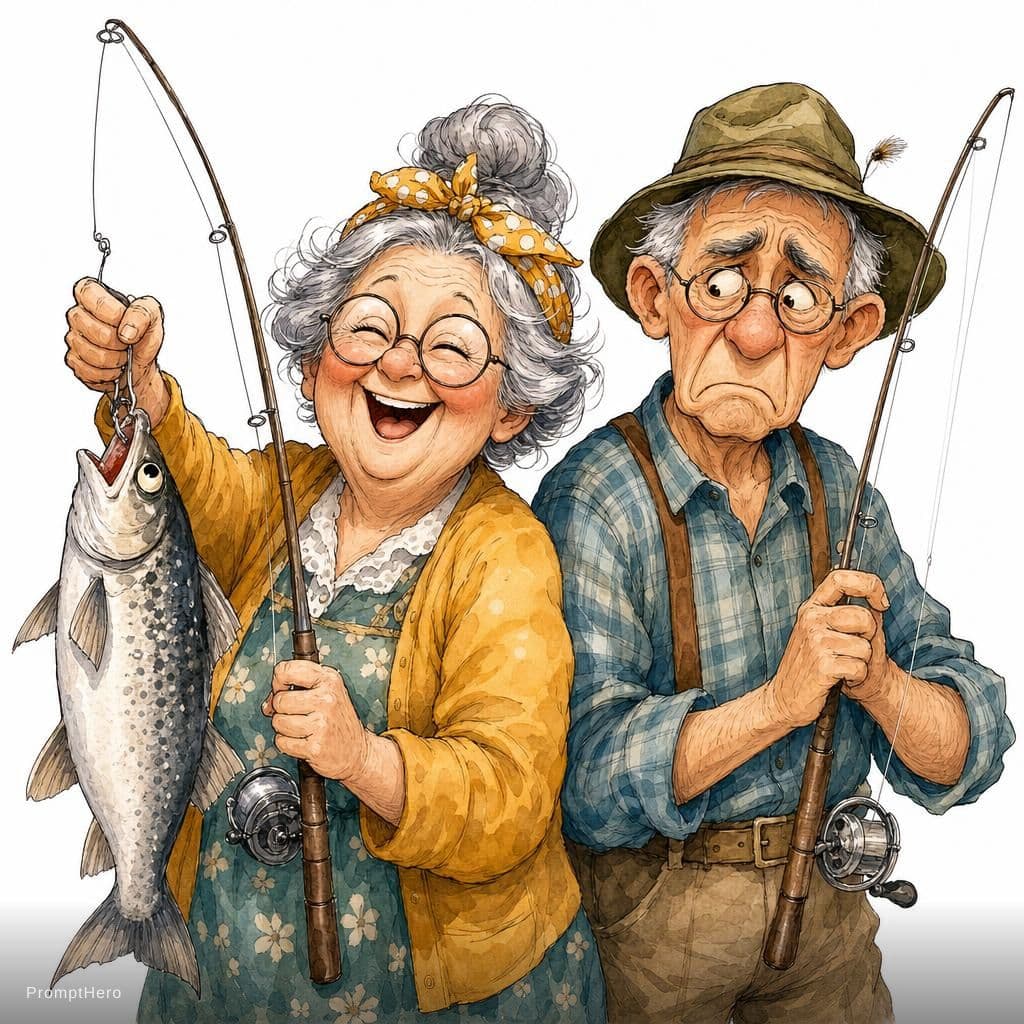 AI generated: A charming watercolor and ink illustration [Whimsical older couple fishing side by side the granny h...