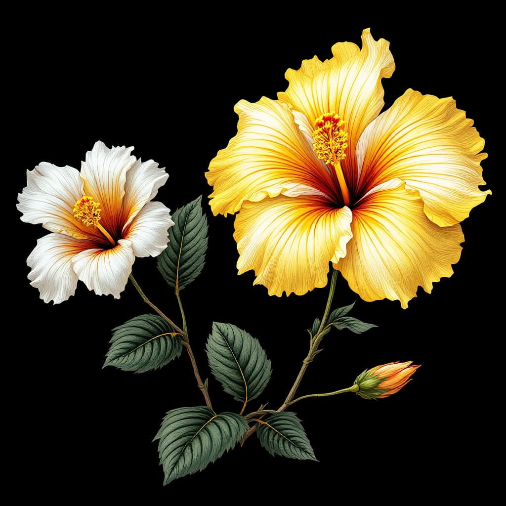 AI generated: Artistic illustration art, intricate hibiscus flower against a pure black background, focus on the d...