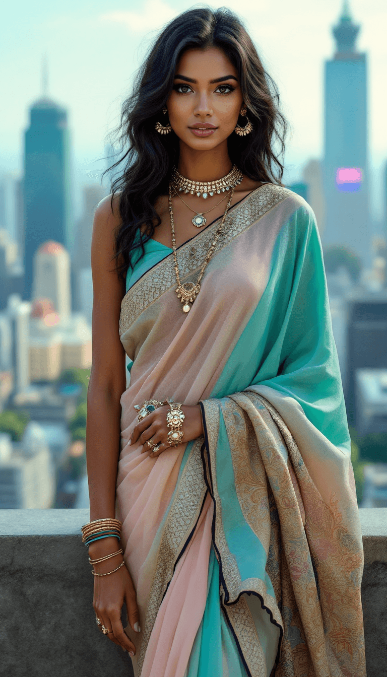 AI generated: /imagine prompt: A captivating Indian woman with glowing caramel skin, deep brown eyes, and wavy bla...