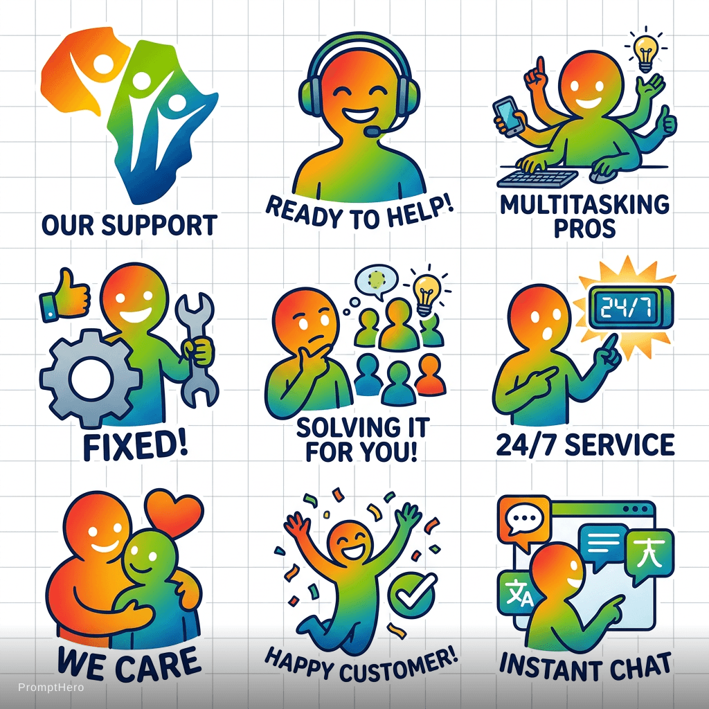 AI generated: Whatsapp sticker pack for my company customer support. Using my attached logo and same colour's as p...