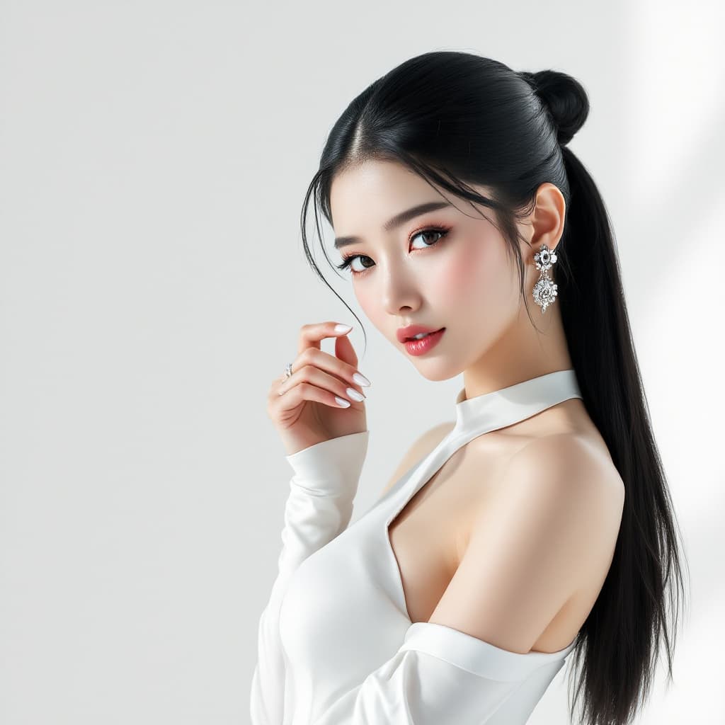 AI generated: Create an image of a young Korean model with black hair gathered in a futuristic slicked back bundle...