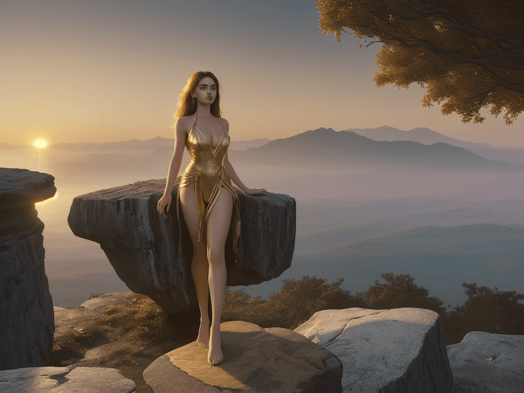 AI generated: a breathtaking portrait of a stunningly gorgeous 25 year old woman standing atop a rocky outcropping...