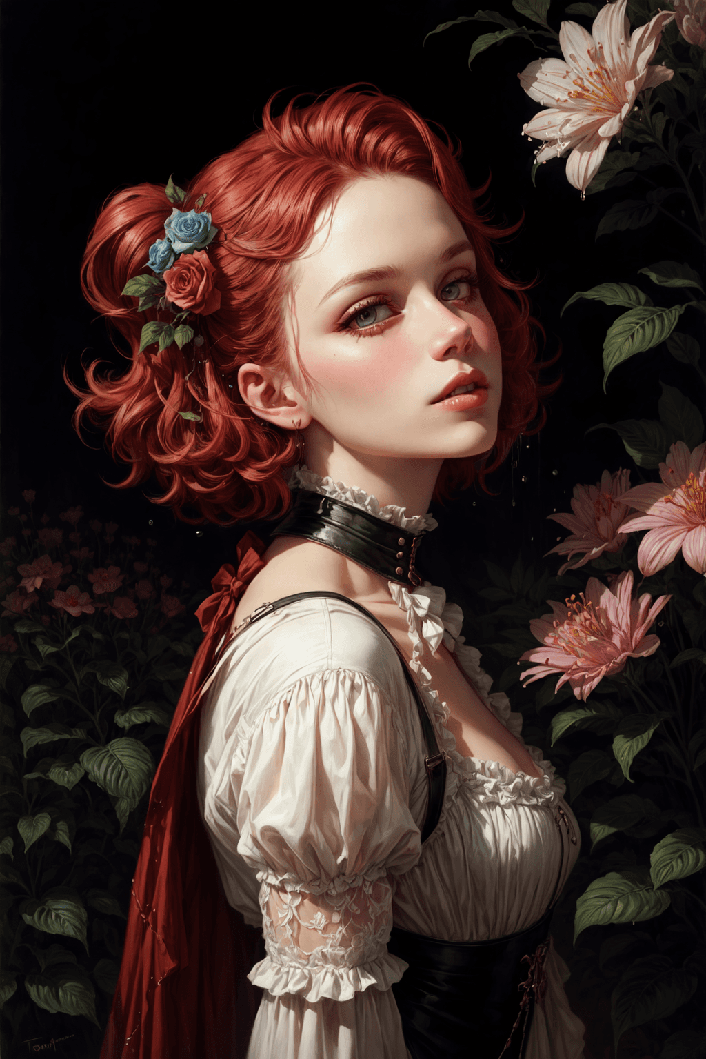 AI generated: portrait of Victorian 80s punk woman with red hair, a splash of pastel colors, plants, and flowers, ...