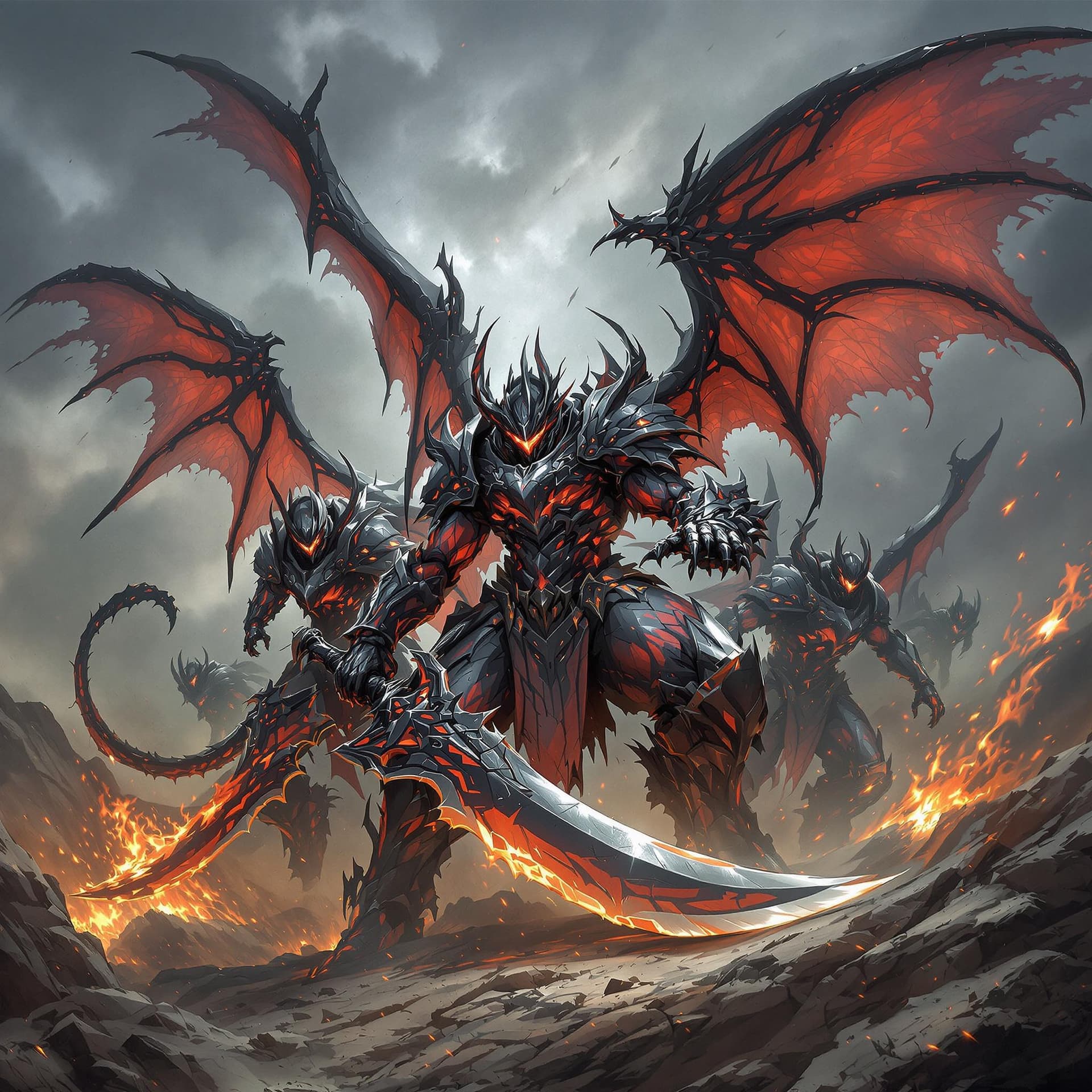AI generated: Demonblaze fighters with carbon armor, holding a massive blade, 