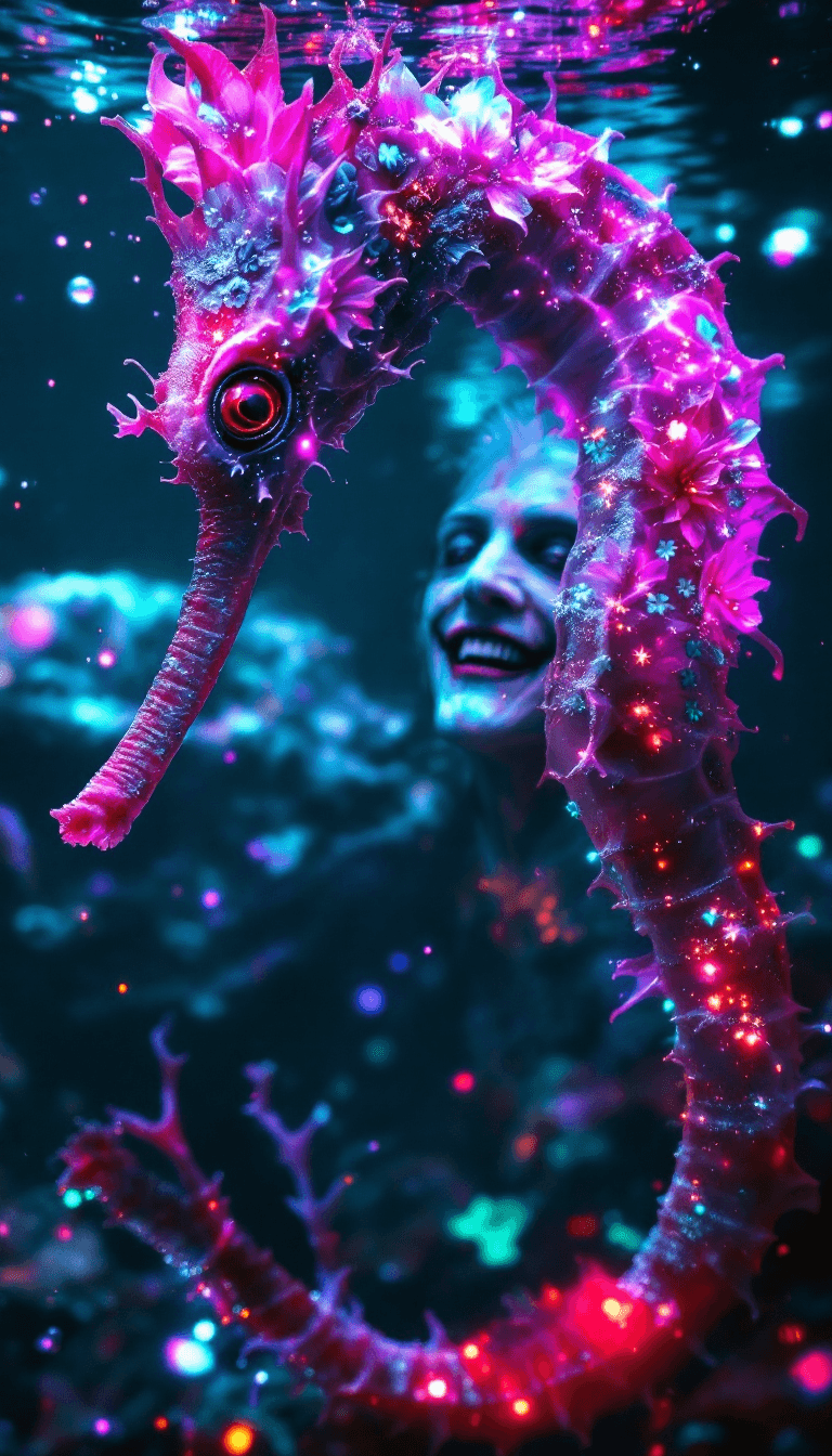 AI generated: 8K UHD image, dark haunted atmosphere: A macro underwater view of a gothic man with white skin and a...