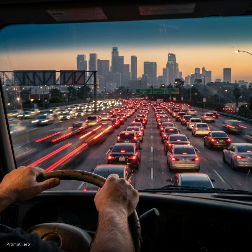 AI generated: End-of-day rush hour on a Los Angeles freeway, POV from the driver’s seat; lower frame shows a sligh...