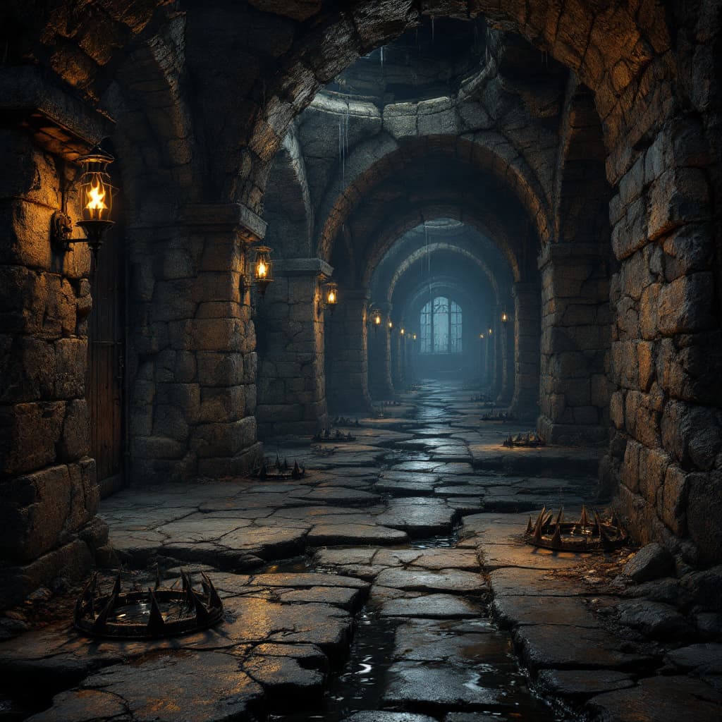 AI generated: Abandoned dungeon corridor with broken stone tiles, rusty spike traps, dripping water, flickering to...