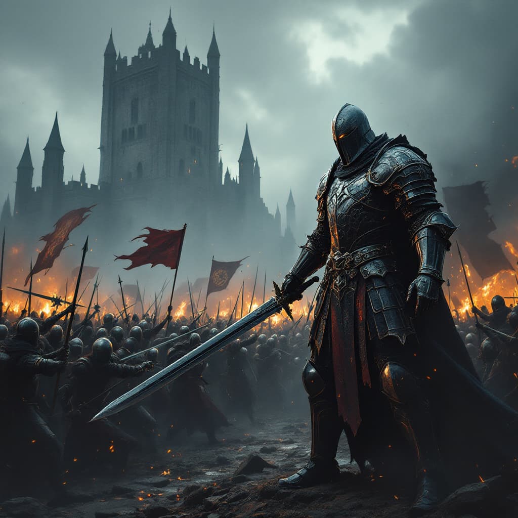 AI generated: A breathtaking medieval battle scene set in a dark, gothic world where the air is thick with tension...