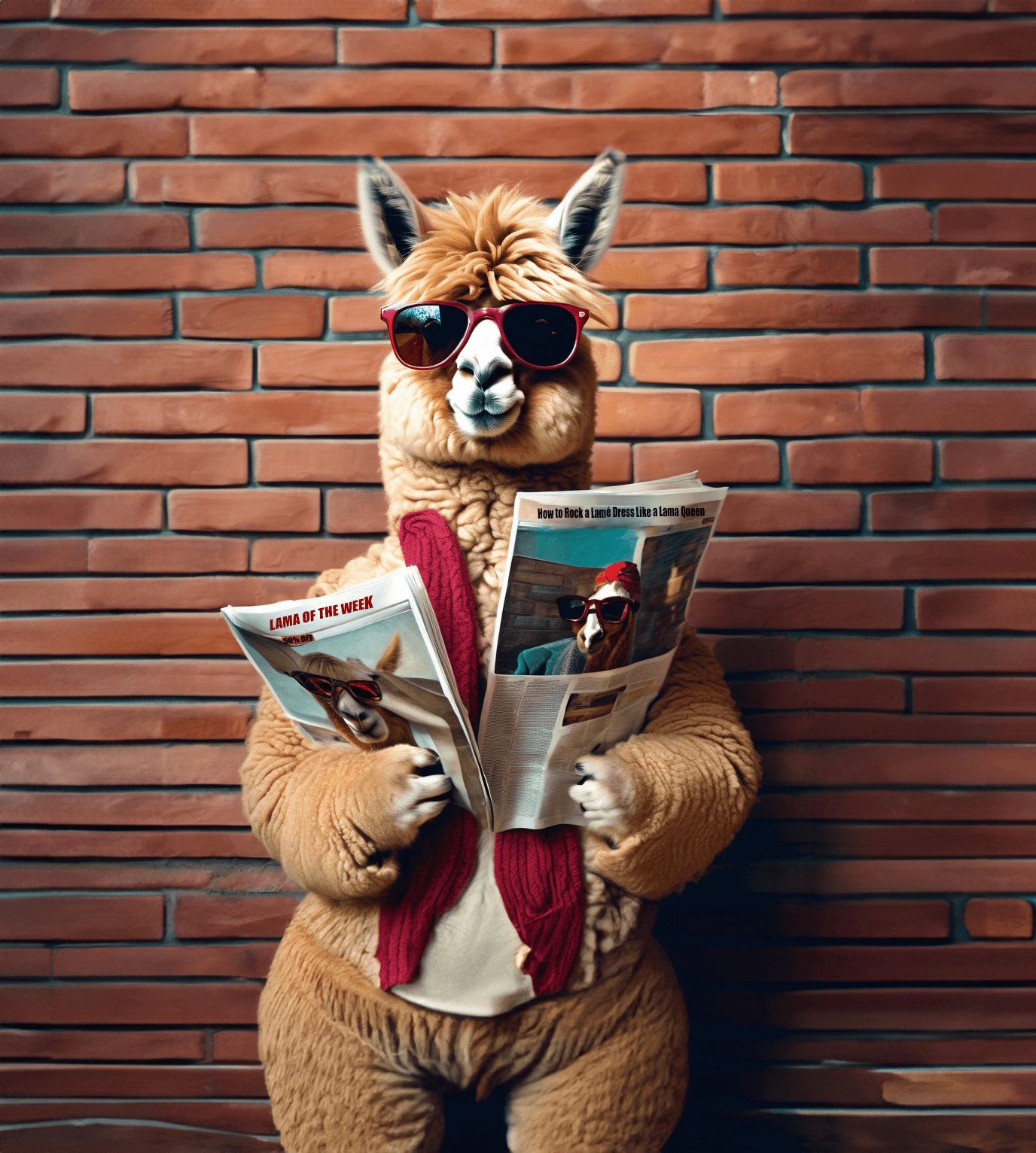AI generated: Ultra realistic photo of a hipster alpaca posing with sunglasses and a magazine, colorful, sharp foc...