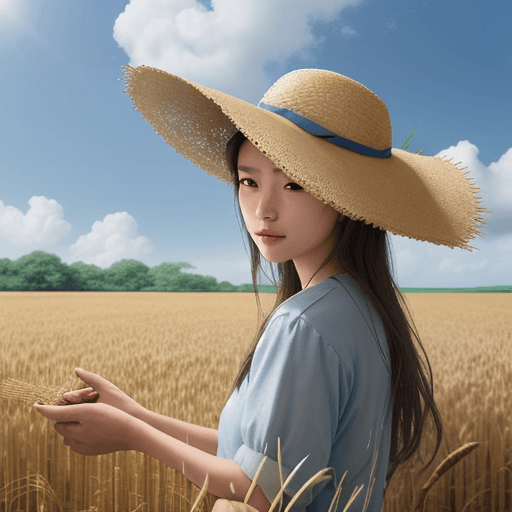 AI generated: Wheat field, a farmer uncle with a straw hat standing in a wheat field, big clouds, blue sky, rice f...