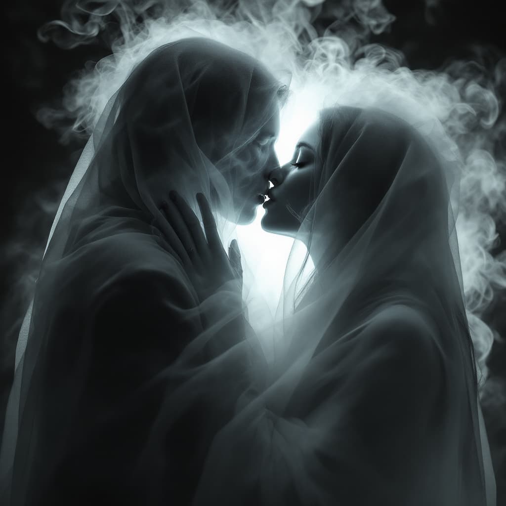 AI generated: image of a lady kissing a ghostly shrouded male face, barely visible  ,enveloped in a shroud-like ma...