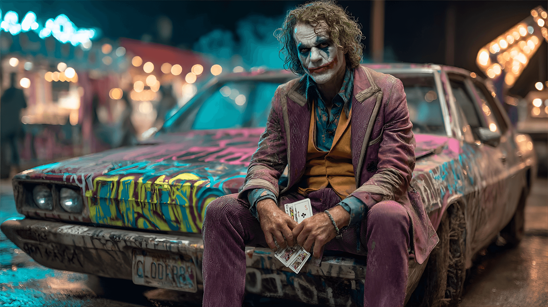 AI generated: The Joker, a male adult with a vibrant green and purple hair style, sits on a custom-painted, purple...