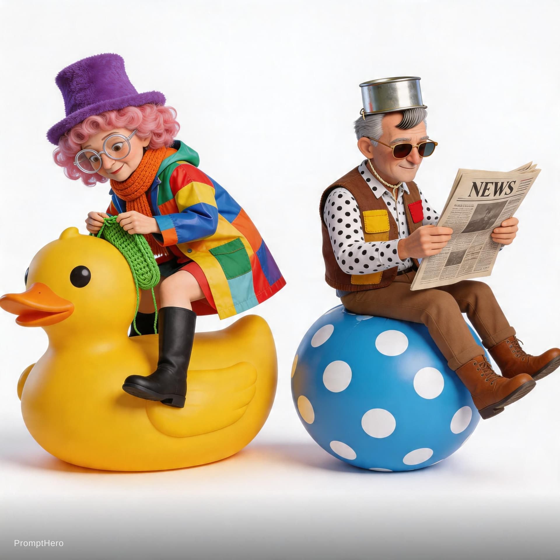 AI generated: A series of images of eccentric grandparents sitting on unexpected objects that are larger than life...
