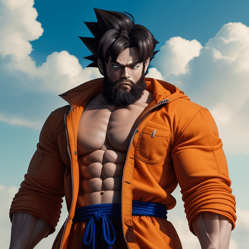 AI generated: (best quality, masterpiece), goku, muscular, looking at viewer, beard, upper body, jacket,