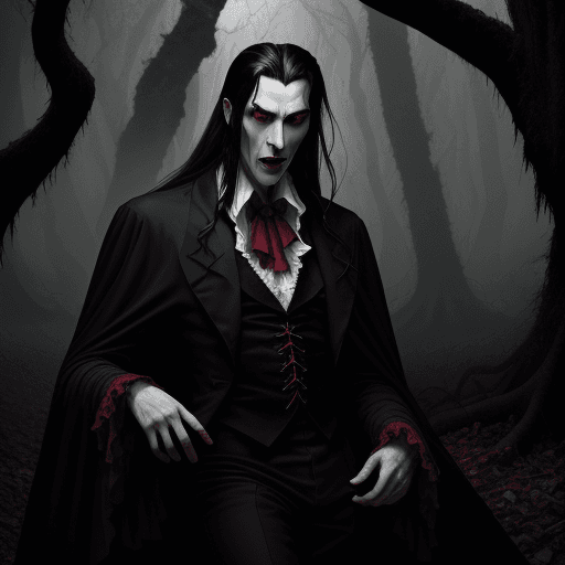 AI generated: a haunting portrayal of Dracula with piercing red eyes, jet-black hair cascading over his shoulders,...