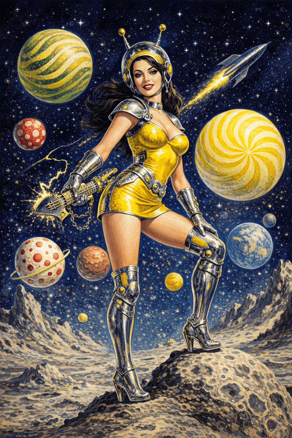AI generated: a painting of a woman in a yellow dress, heavy metal comic cover art, space theme, pin-up girl, silv...