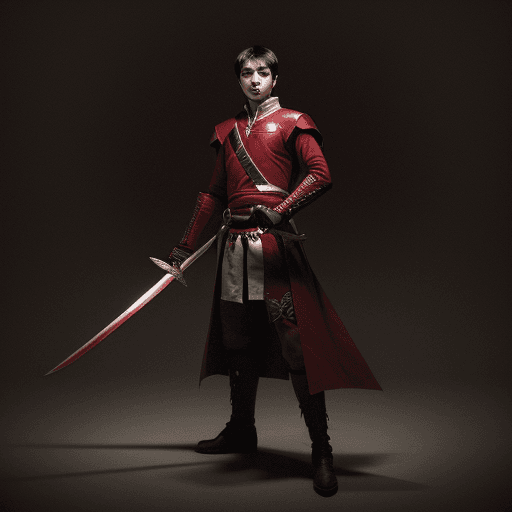 AI generated: a young man standing with a long sword and crimson red blade