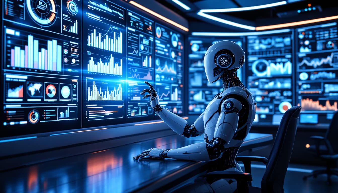 AI generated: A futuristic control room illuminated with a blue and silver glow, featuring a humanoid robot intera...