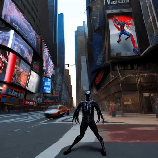 AI generated: venom suit spider man, New york street as background, ray traicing, High detail color photo, a profe...