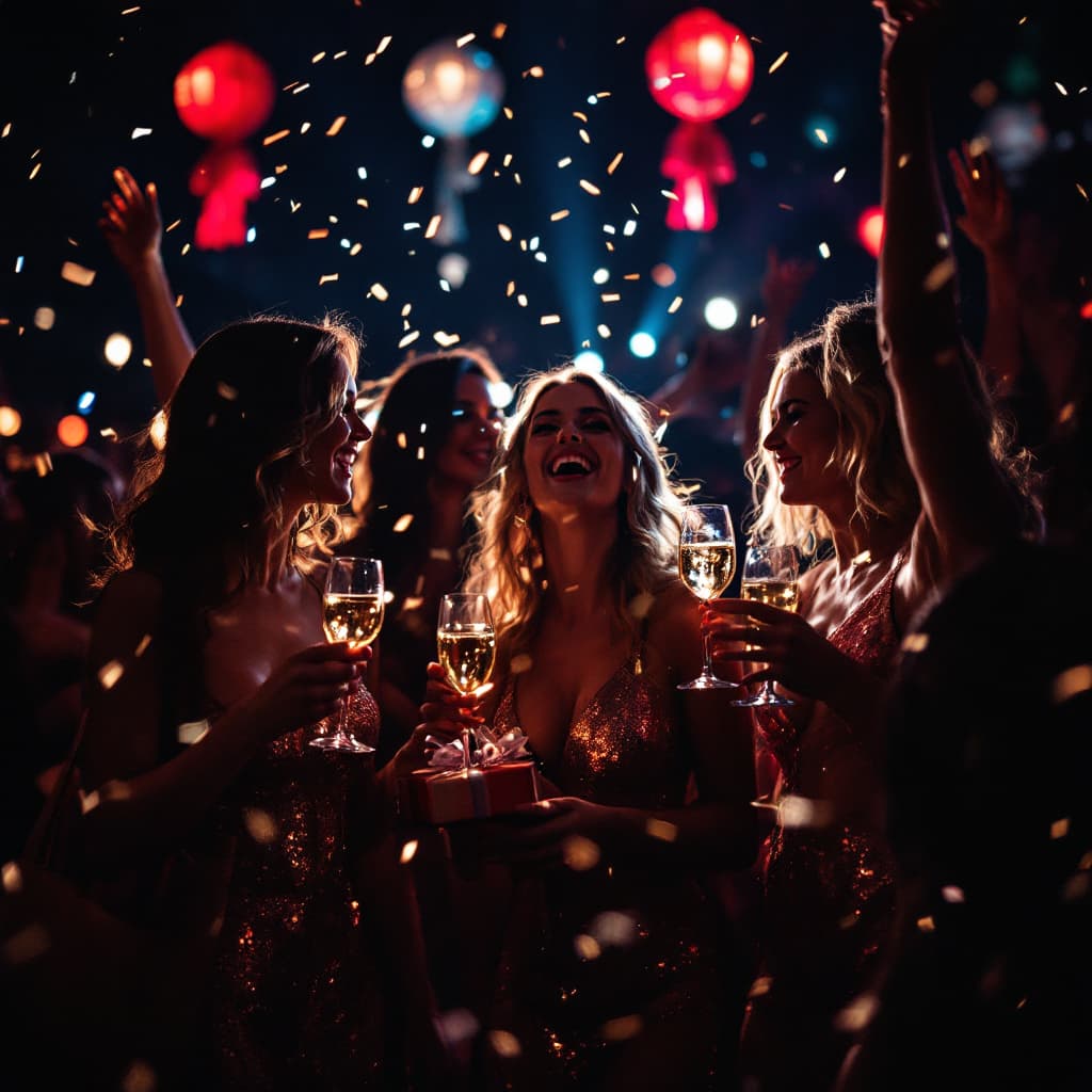 AI generated: Ladies holding gift bags and partying in the night with bright lights