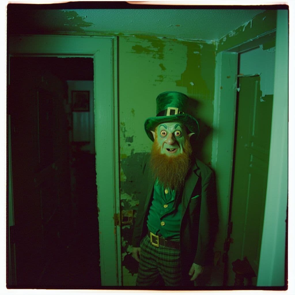 AI generated: grainy 80's photograph quality polaroid of a leprechaun caught in an abandoned house, dark, uncanny,...
