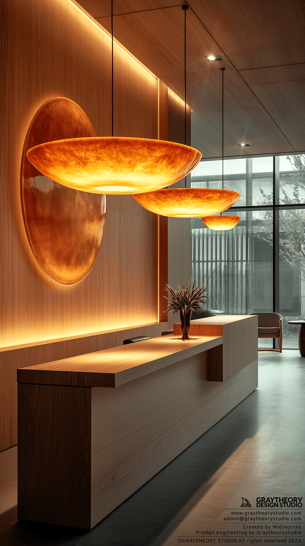 AI generated: office reception desk with a simple, inviting, Leica SL2, chic pendant light, wall featuring panels,...