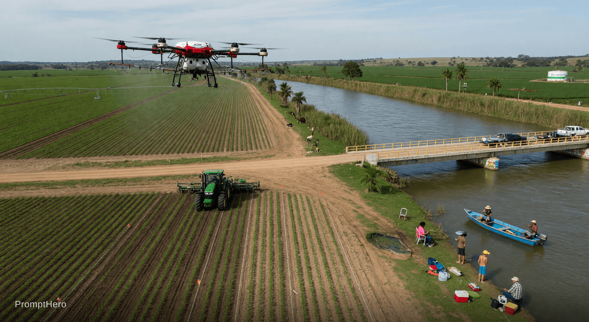 AI generated: gere um drone filmando o plantio de soja em uma fazenda ao lado  de um rio e uma ponte, com alugas p...