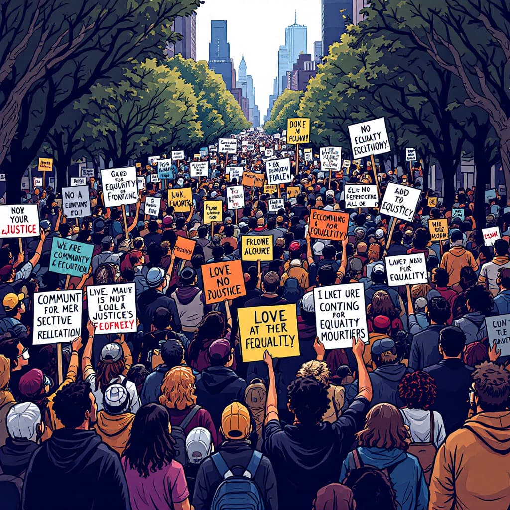AI generated: 20240728153957list 2 Lofi illustration of a community rally with people holding signs advocating for...